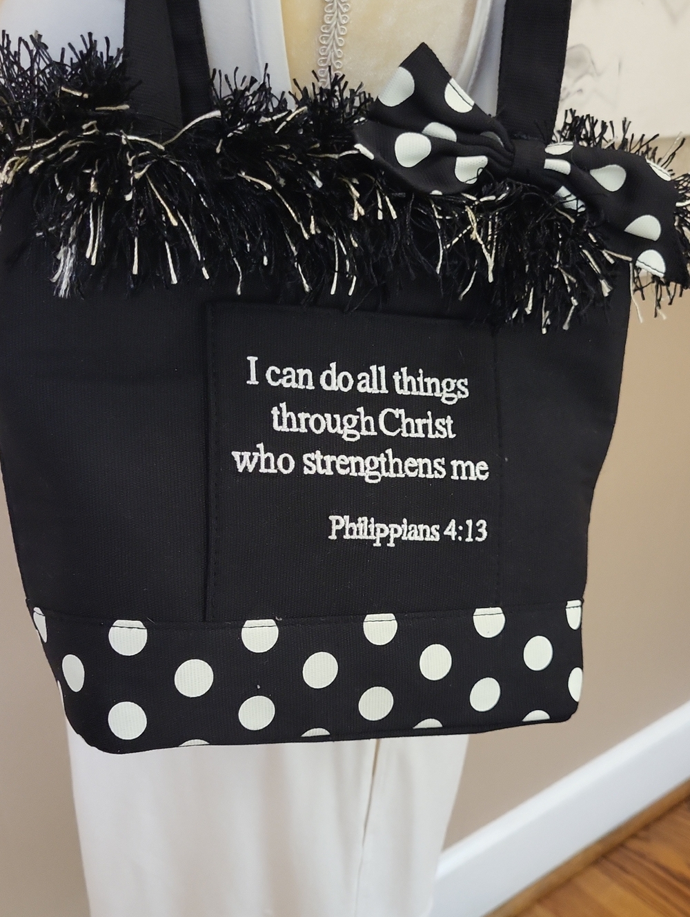 Nwt, Vivary Black Polka Dot Inspirational Tote Bag with Bow